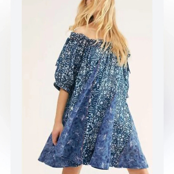 Free People indigo blue print babydoll off the shoulder dress 22279 - Picture 2 of 13